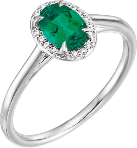 14K Gold Oval Lab-Grown Emerald & Natural Diamond Halo-Style Ring – 10x8mm - White Gold