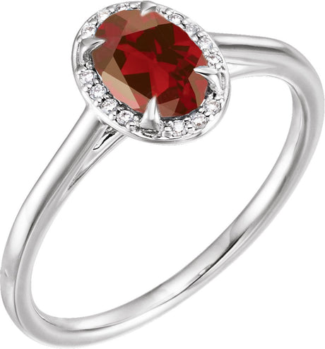 14K Gold Oval Natural Mozambique Garnet & Natural Diamond Halo-Style Ring – 7-10mm Stones - White Gold