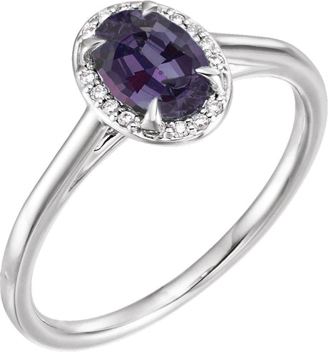 14K Gold Oval Lab-Grown Alexandrite & Natural Diamond Halo-Style Ring - White Gold