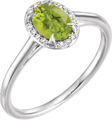14K Gold Oval Natural Peridot & Natural Diamond Halo-Style Ring – 7x5mm - White Gold