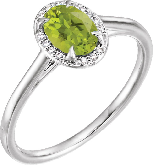14K Gold Oval Natural Peridot & Natural Diamond Halo-Style Ring – 7x5mm - White Gold