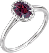 14K Gold Oval Natural Rhodolite Garnet & Natural Diamond Halo-Style Ring - White Gold
