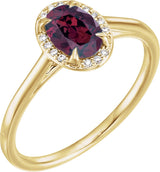 14K Gold Oval Natural Rhodolite Garnet & Natural Diamond Halo-Style Ring - Yellow Gold