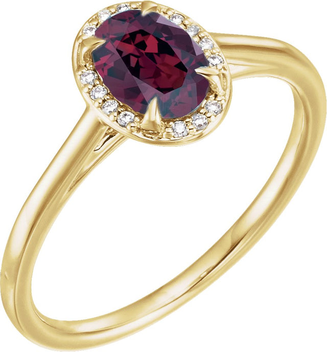 14K Gold Oval Natural Rhodolite Garnet & Natural Diamond Halo-Style Ring - Yellow Gold