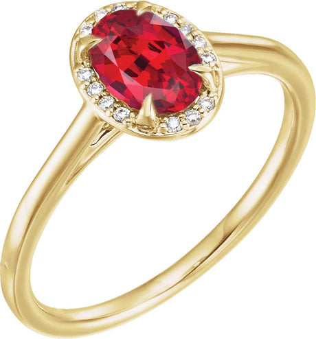 14K Gold Oval Lab-Grown Ruby & Natural Diamond Halo-Style Ring – 10x8mm - Yellow Gold