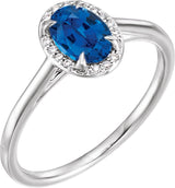14K Gold Oval Lab-Grown Blue Sapphire & Natural Diamond Halo-Style Ring – 10x8mm - White Gold