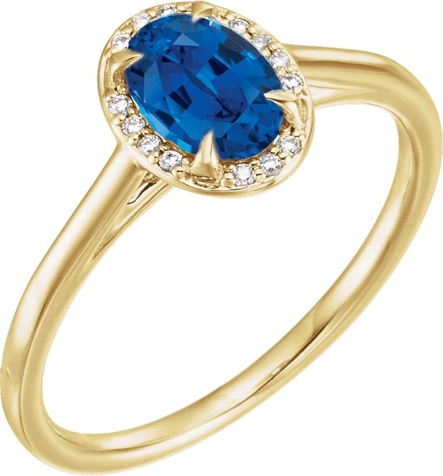 14K Gold Oval Lab-Grown Blue Sapphire & Natural Diamond Halo-Style Ring – 10x8mm - Yellow Gold