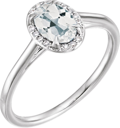 14K Gold Oval Natural White Topaz & Natural Diamond Halo-Style Ring - White Gold