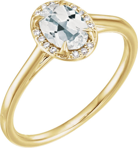 14K Gold Oval Natural White Topaz & Natural Diamond Halo-Style Ring - Yellow Gold