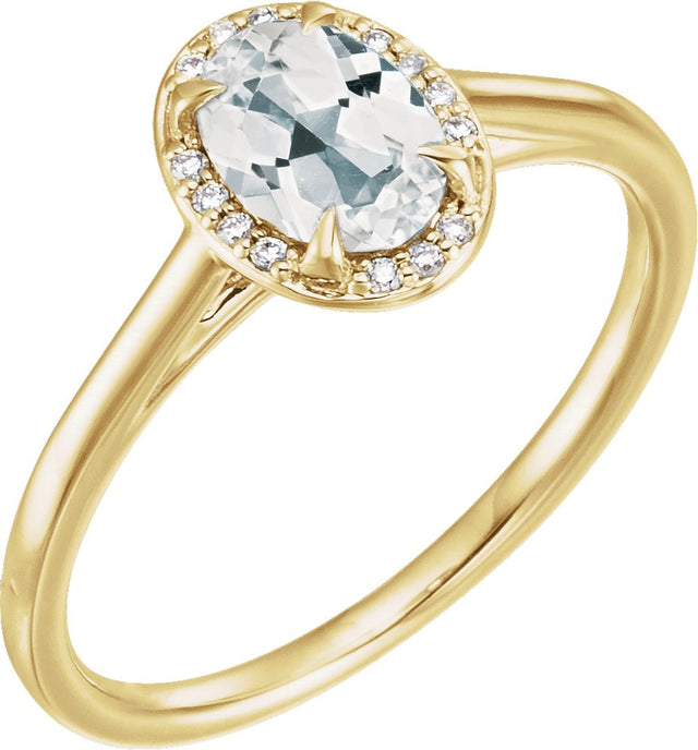 14K Gold Oval Natural White Topaz & Natural Diamond Halo-Style Ring - Yellow Gold