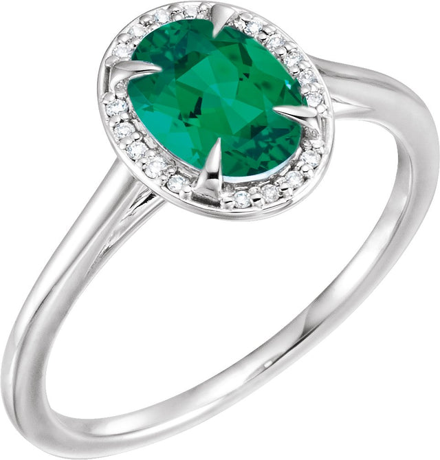 14K Gold Oval Lab-Grown Emerald & Natural Diamond Halo-Style Ring – 10x8mm - White Gold