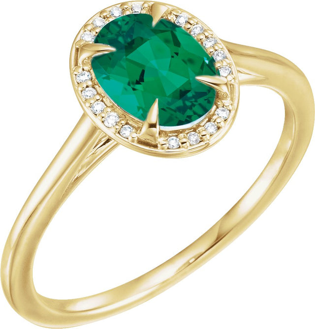 14K Gold Oval Lab-Grown Emerald & Natural Diamond Halo-Style Ring – 10x8mm - Yellow Gold