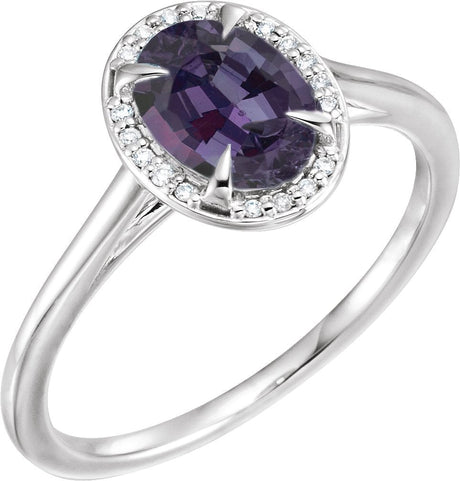 14K Gold Oval Lab-Grown Alexandrite & Natural Diamond Halo-Style Ring - White Gold