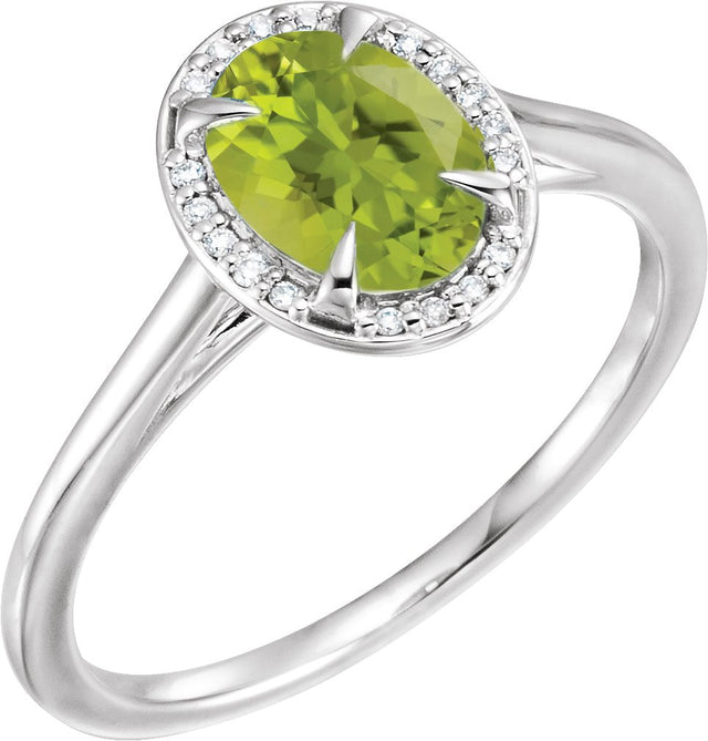 14K Gold Oval Natural Peridot & Natural Diamond Halo-Style Ring – 7x5mm - White Gold