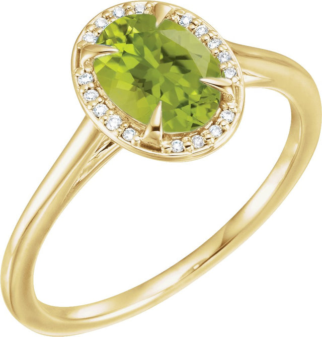 14K Gold Oval Natural Peridot & Natural Diamond Halo-Style Ring – 7x5mm - Yellow Gold