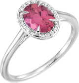 14K Gold Oval Natural Pink Tourmaline & Natural Diamond Halo-Style Ring – 10x8mm - White Gold