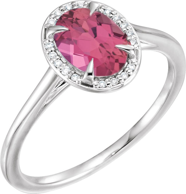 14K Gold Oval Natural Pink Tourmaline & Natural Diamond Halo-Style Ring – 10x8mm - White Gold
