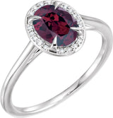 14K Gold Oval Natural Rhodolite Garnet & Natural Diamond Halo-Style Ring - White Gold