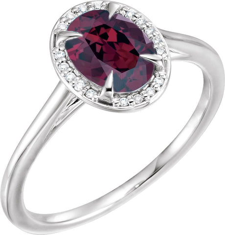 14K Gold Oval Natural Rhodolite Garnet & Natural Diamond Halo-Style Ring - White Gold