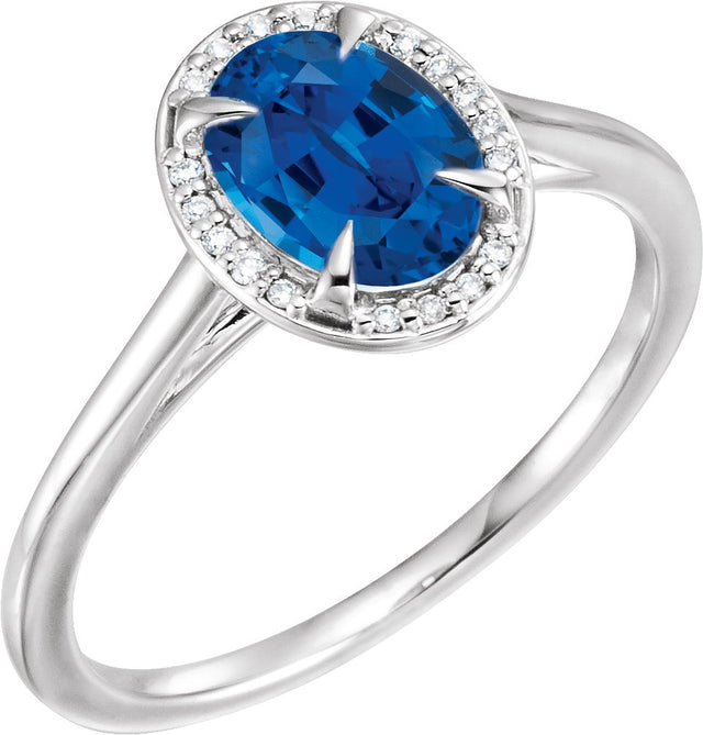 14K Gold Oval Lab-Grown Blue Sapphire & Natural Diamond Halo-Style Ring – 10x8mm - White Gold