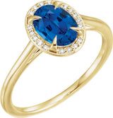 14K Gold Oval Lab-Grown Blue Sapphire & Natural Diamond Halo-Style Ring – 10x8mm - Yellow Gold