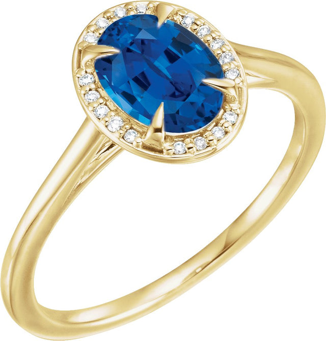 14K Gold Oval Lab-Grown Blue Sapphire & Natural Diamond Halo-Style Ring – 10x8mm - Yellow Gold