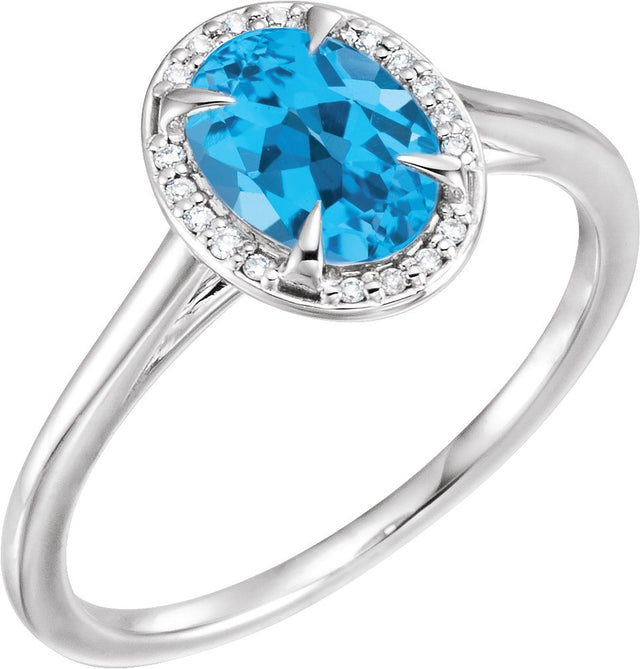 14K Gold Oval Natural Swiss Blue Topaz & Natural Diamond Halo-Style Ring – 10x8mm - White Gold