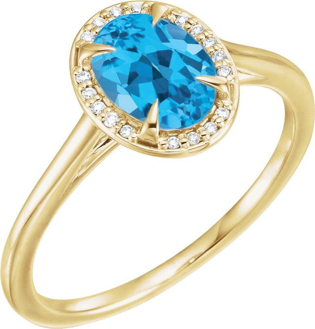 14K Gold Oval Natural Swiss Blue Topaz & Natural Diamond Halo-Style Ring – 10x8mm - Yellow Gold