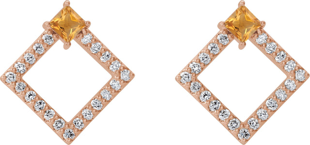 14K Gold Square Natural Citrine Accented Geometric Earrings - Rose Gold - view 7