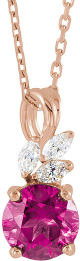 14K Gold Round Natural Pink Tourmaline & Natural Diamond Accented Floral Necklace or Pendant - Rose Gold - view 2