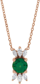 14K Gold Round Lab-Grown Emerald & Natural Diamond Accented Necklace or Pendant - Rose Gold