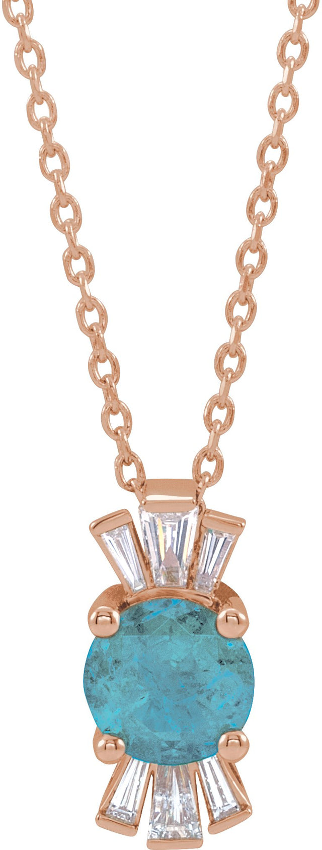 14K Gold Round Natural Aquamarine & Natural Diamond Accented Necklace or Pendant – 1/6 CTW - Rose Gold
