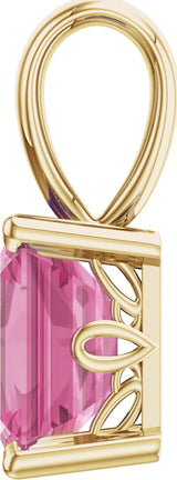 14K Gold Natural Pink Tourmaline Emerald Scroll Setting Pendant - Yellow Gold - view 2