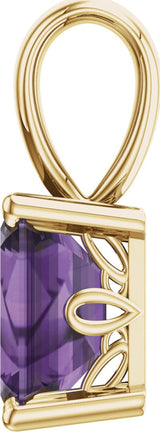 14K Gold Natural Amethyst Emerald Scroll Setting Pendant - Yellow Gold - view 2