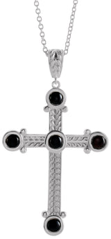 14K Gold Round Natural Black Onyx Cross Necklace or Pendant - White Gold