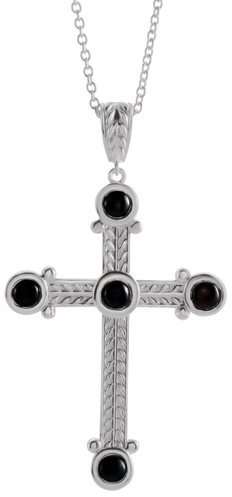 14K Gold Round Natural Black Onyx Cross Necklace or Pendant - White Gold