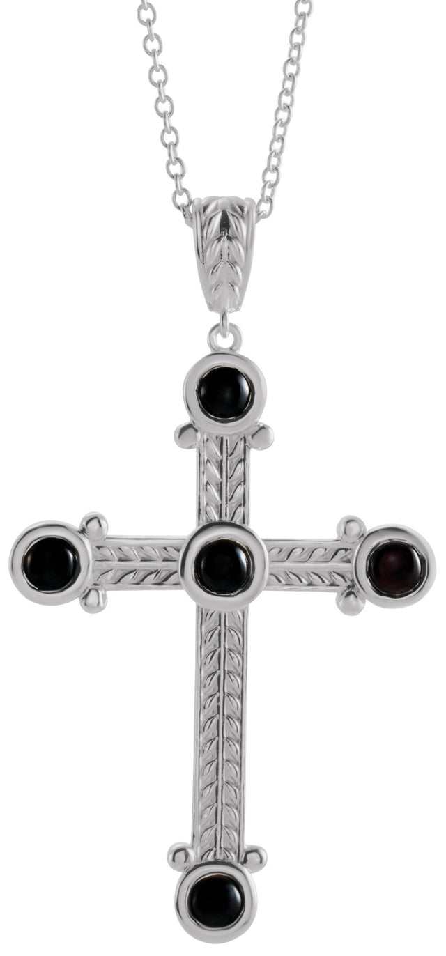 Platinum Round Natural Black Onyx Cross Necklace or Pendant