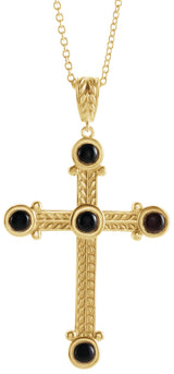 14K Gold Round Natural Black Onyx Cross Necklace or Pendant - Yellow Gold