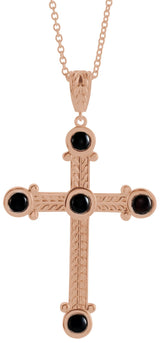 14K Gold Round Natural Black Onyx Cross Necklace or Pendant - Rose Gold