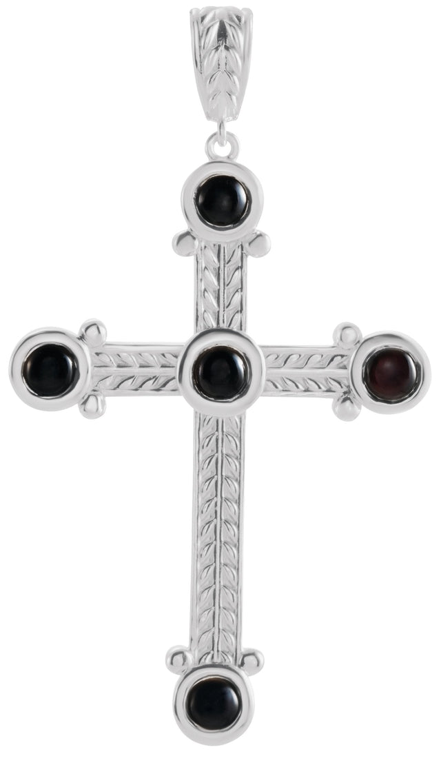 14K Gold Round Natural Black Onyx Cross Necklace or Pendant - White Gold