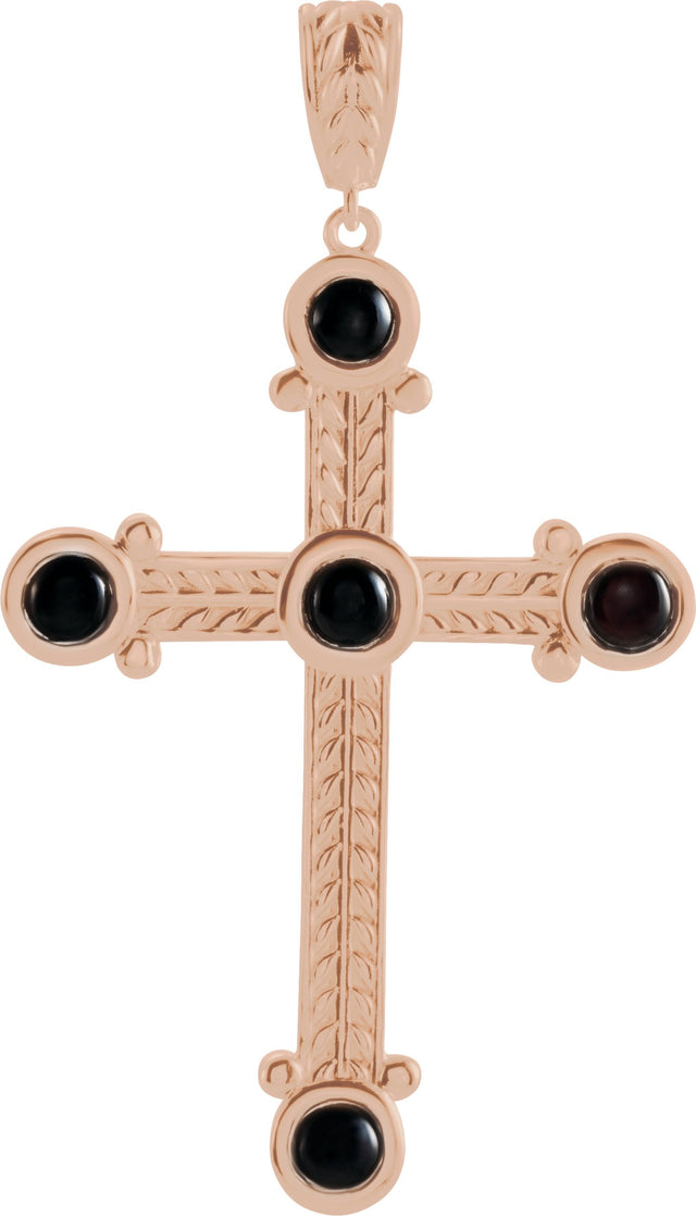 14K Gold Round Natural Black Onyx Cross Necklace or Pendant - Rose Gold