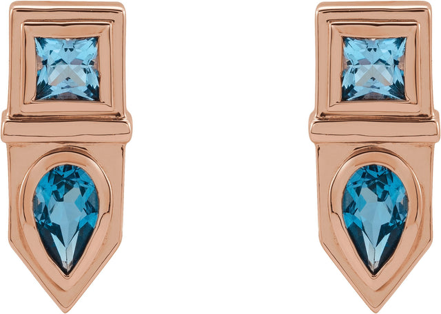 14K Gold Pear Natural Blue Multi-Gemstone Geometric Bar Earrings - Rose Gold - view 2
