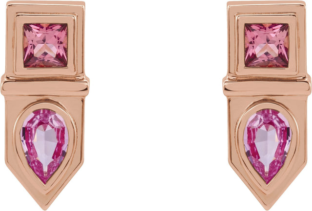 14K Gold Pear Natural Pink Multi-Gemstone Geometric Bar Earrings - Rose Gold - view 2