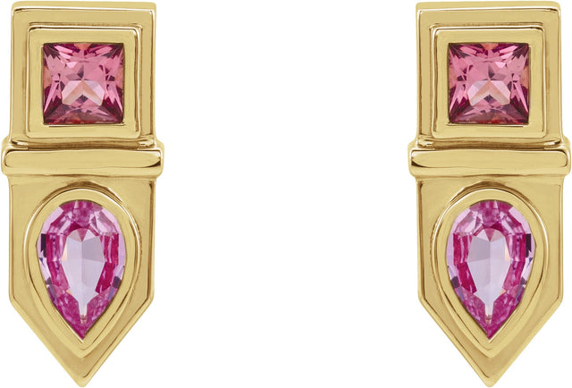14K Gold Pear Natural Pink Multi-Gemstone Geometric Bar Earrings - Yellow Gold - view 2