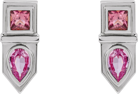 Platinum Pear Natural Pink Multi-Gemstone Geometric Bar Earrings - view 2
