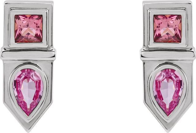 Platinum Pear Natural Pink Multi-Gemstone Geometric Bar Earrings - view 2