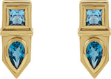 14K Gold Pear Natural Blue Multi-Gemstone Geometric Bar Earrings - Yellow Gold - view 2