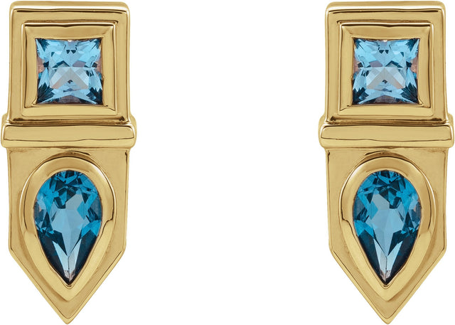 14K Gold Pear Natural Blue Multi-Gemstone Geometric Bar Earrings - Yellow Gold - view 2
