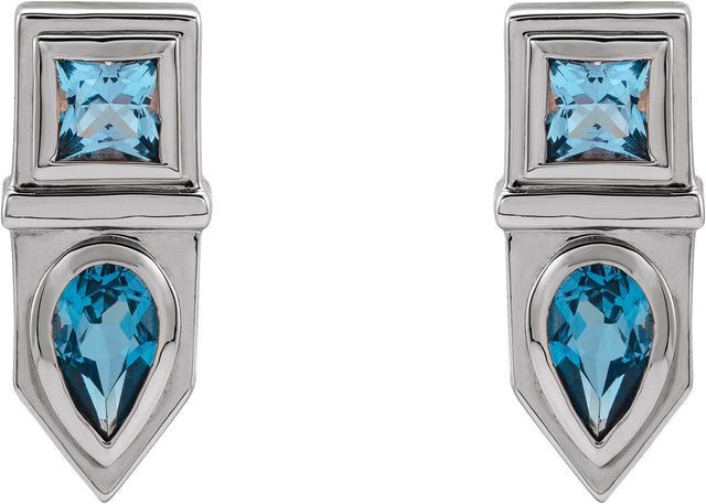 Platinum Pear Natural Blue Multi-Gemstone Geometric Bar Earrings - view 2