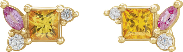 14K Gold Square Natural Yellow Sapphire & Natural Pink Sapphire & Natural Diamond Accented Earrings - Yellow Gold - view 2